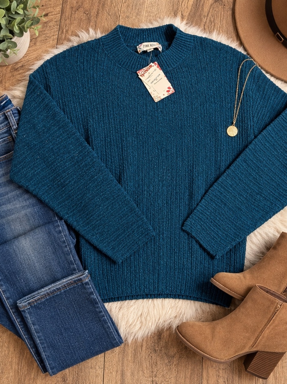 Pink Rose Teal Ribbed Crewneck Sweater - Women Brand New